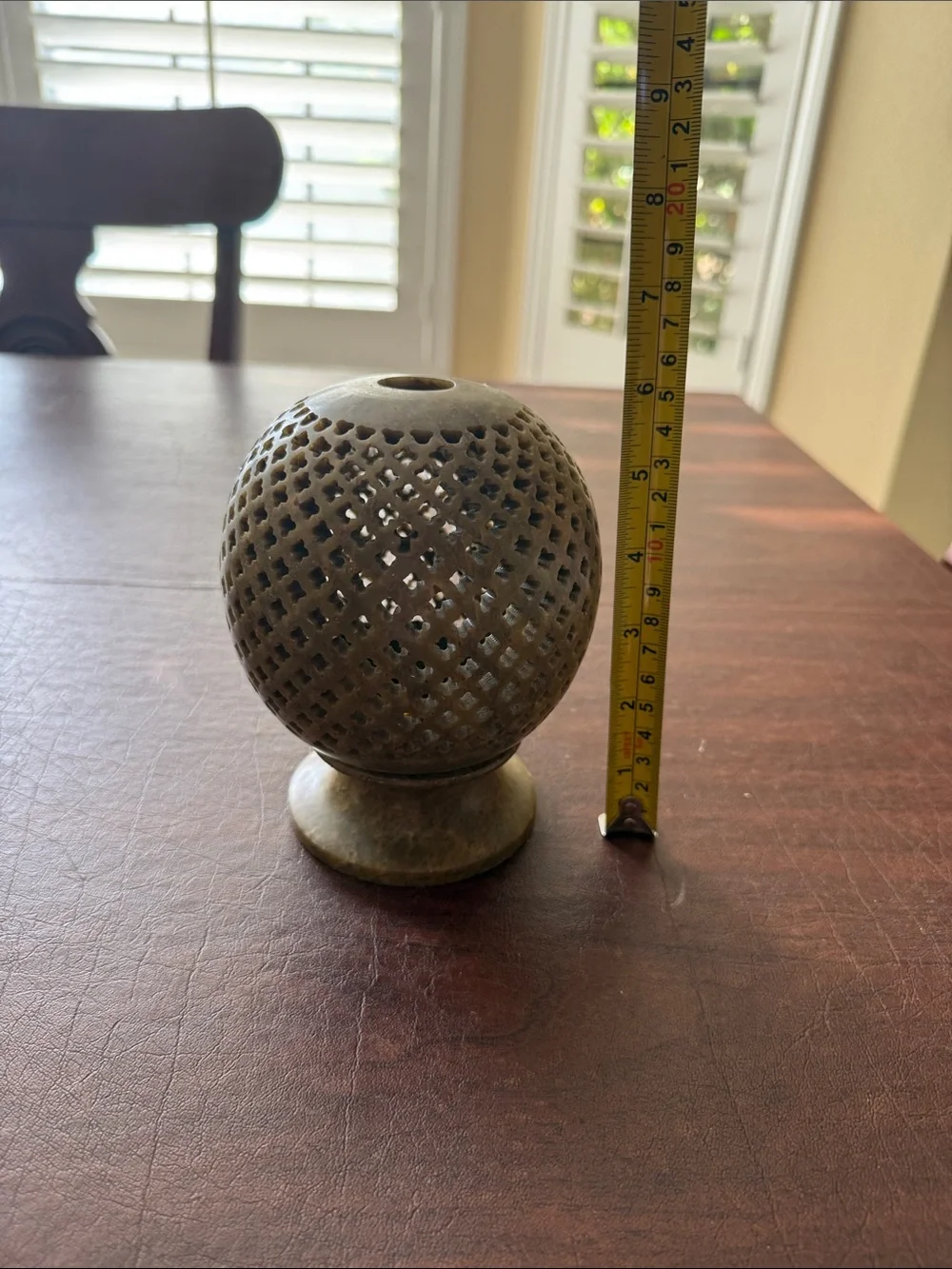Hand Carved Soapstone Tea Light Holder Jali Spherical Past Reflections; 6” T